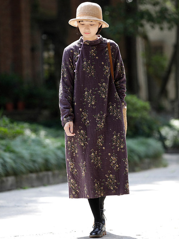 Vintage Loose Printed Keep Warm Velvet Midi Dress Long Cheongsam