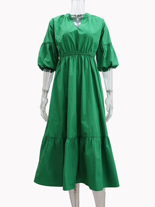 Elasticity Pleated Solid Color A-Line Half Sleeves V-Neck Midi Dresses