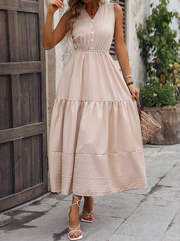 Buttoned Elasticity Pleated Split-Joint A-line High Waisted V-neck Midi Dresses