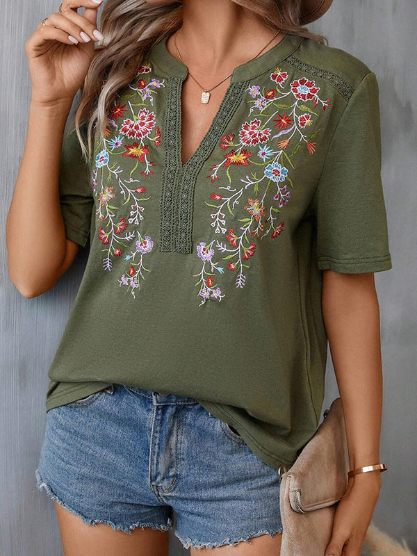 Embroidered Split-Joint Half Sleeves Loose V-Neck T-Shirts Tops