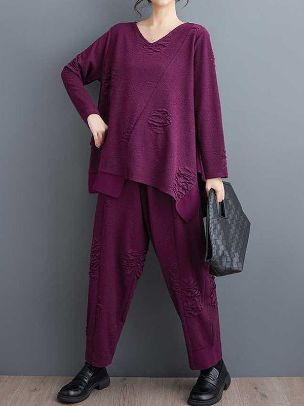Split-Joint V-Neck Long Sleeves Asymmetric Solid Color T-Shirts Top + Harem Pants Elasticity Pants Bottom Two Pieces Set