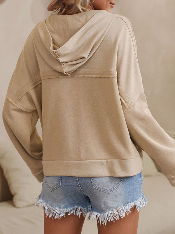 Buttoned Split-Joint Velvet Hooded Long Sleeves Sweatshirt Tops