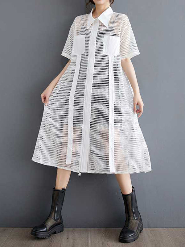 Hollow Solid Color Split-Joint Zipper Half Sleeves Loose Lapel Shirt Dress Midi Dresses