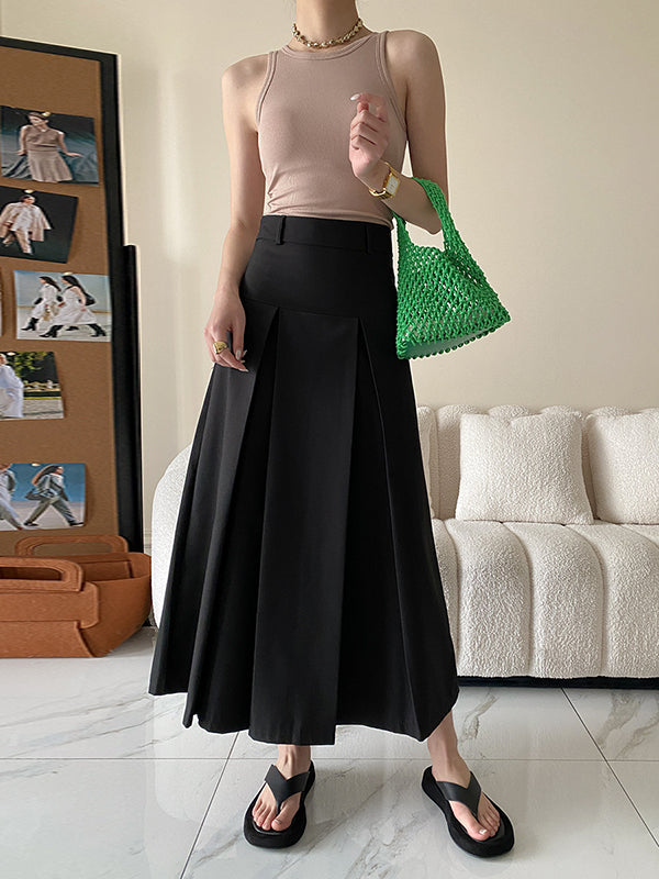 Pleated Solid Color Split-Joint A-Line High Waisted Skirts Bottoms
