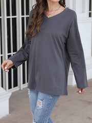 See-Through Solid Color Split-Joint Long Sleeves Loose V-neck T-shirts