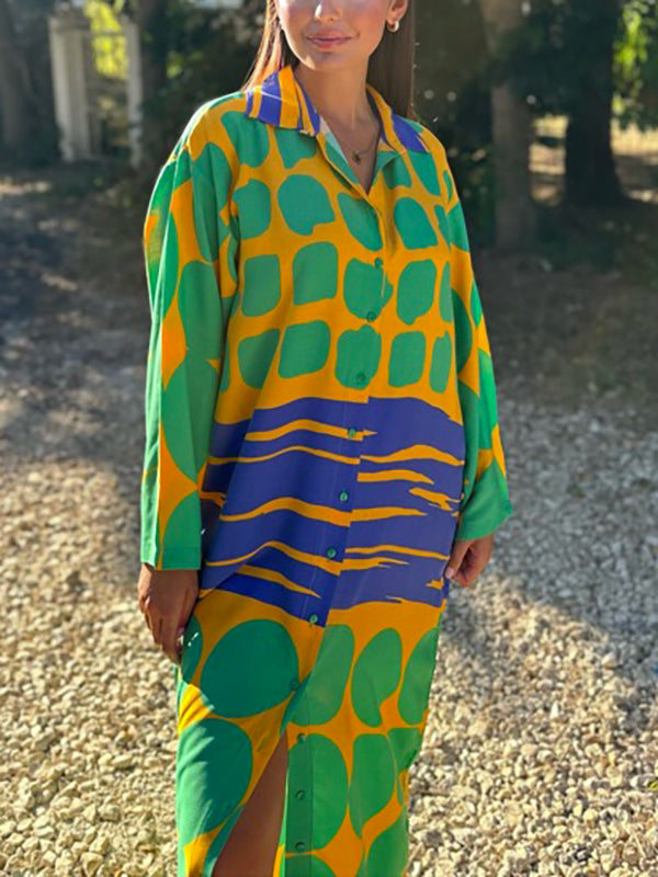 Buttoned Printed Long Sleeves Loose Lapel Shirt Dress Maxi Dresses