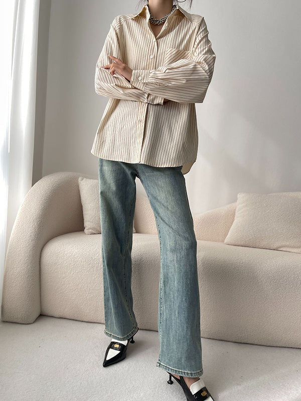 Split-Joint Striped Long Sleeves Loose Lapel Blouses