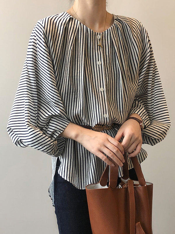 Trendy Tops Three-Quarter Sleeves Batwing Sleeves Striped Round-Neck Blouses