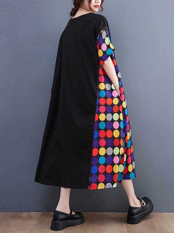 Multi-Colored Polka-Dot Split-Joint Loose Short Sleeves Round-Neck Midi Dresses