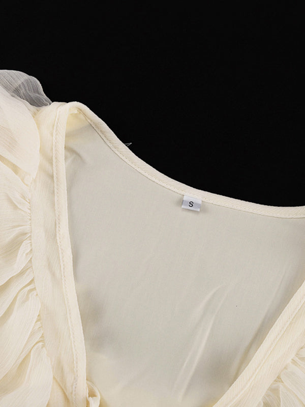 Ruffle Trim Solid Color Tied A-Line High Waisted V-Neck Mini Dresses