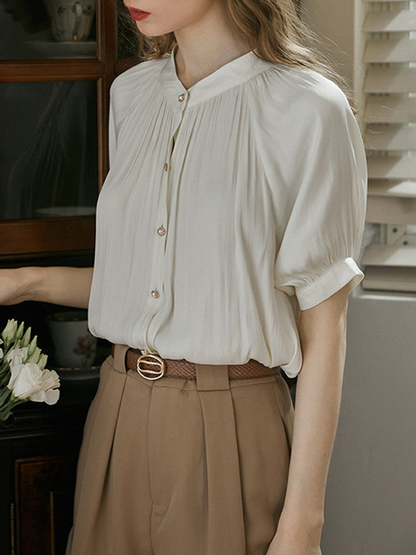 Buttoned Pleated Loose Puff Sleeves Round-neck Blouses&shirts Tops