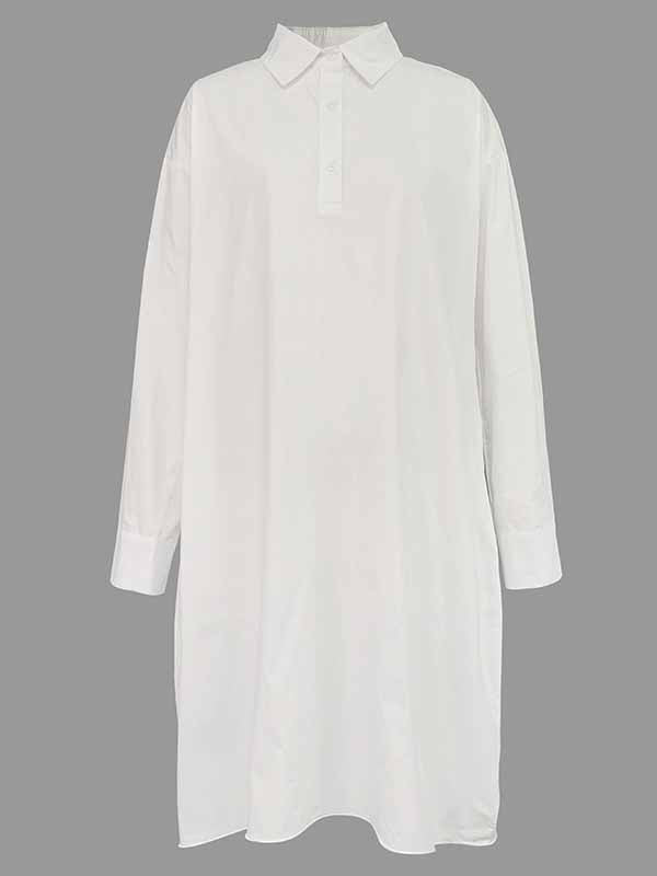 Pleated Solid Color Split-Joint Long Sleeves Loose Lapel Shirt Dress Midi Dresses