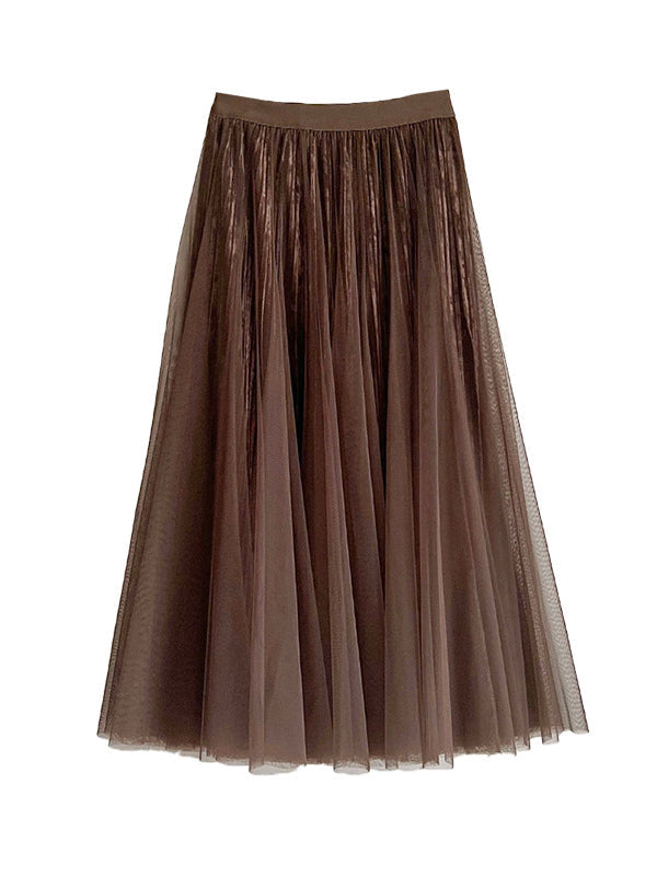 Gauze Pleated Solid Color Split-Joint A-Line High Waisted Skirts