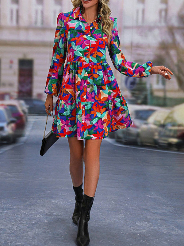 Floral Printed Pleated Printed Split-Joint Loose Puff Sleeves Lapel Mini Dresses
