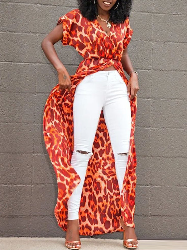 Elasticity Leopard High-Low Loose V-Neck Blouses&Shirts Tops