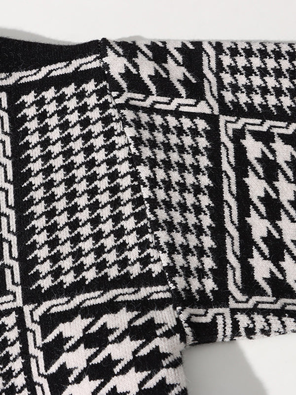 Long Sleeves Loose Contrast Color Houndstooth Split-Joint Round-Neck Cardigan Tops