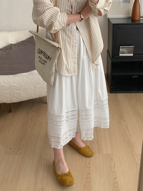 Hollow Solid Color Split-Joint A-Line High Waisted Skirts