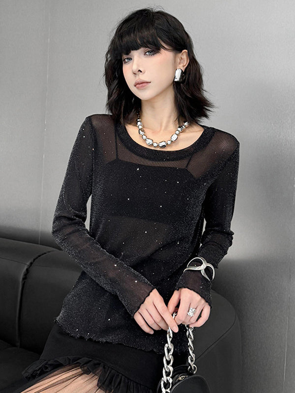 See-Through Shiny Long Sleeves Loose Round-Neck T-Shirts Tops