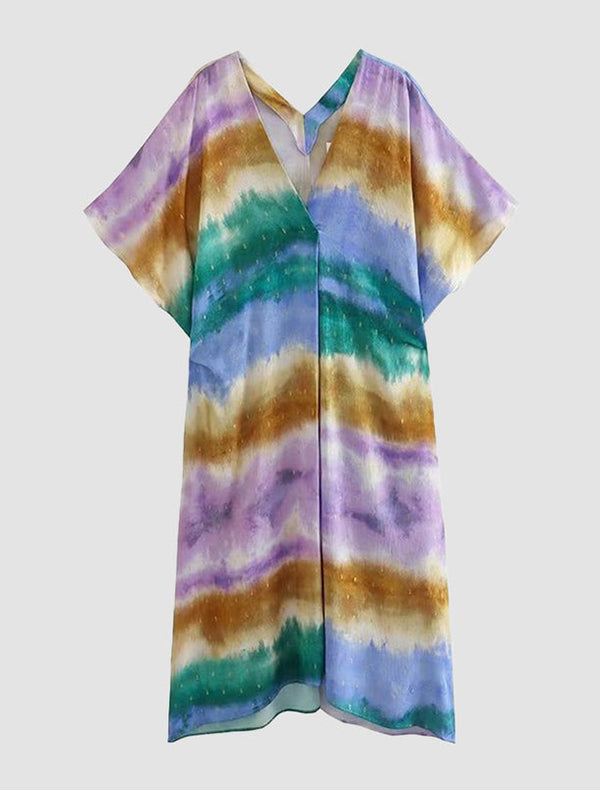 Printed Loose Raglan Sleeve V-neck Maxi Dresses