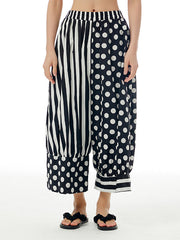 Contrast Color Elasticity Polka-Dot Split-Joint Striped Loose Wide Leg Pants Cropped Trousers