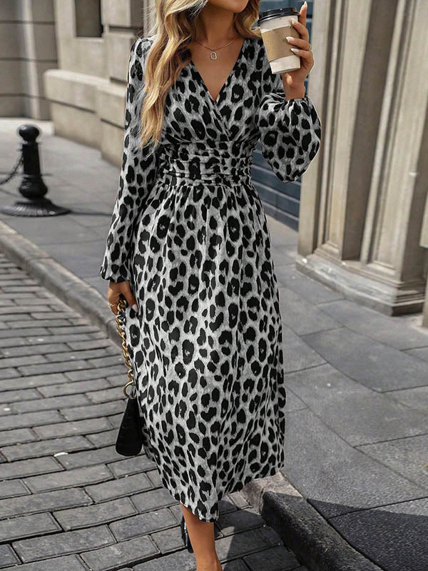 Contrast Color Leopard Pleated Split-Joint Elasticated Waist High Waisted V-Neck Maxi Dresses
