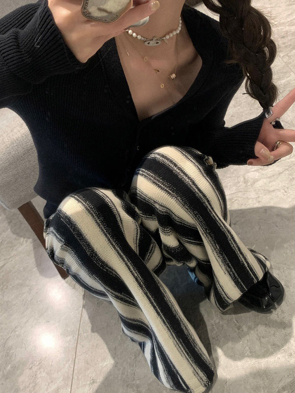 Casual Wide Leg Loose Drawstring Striped Pants