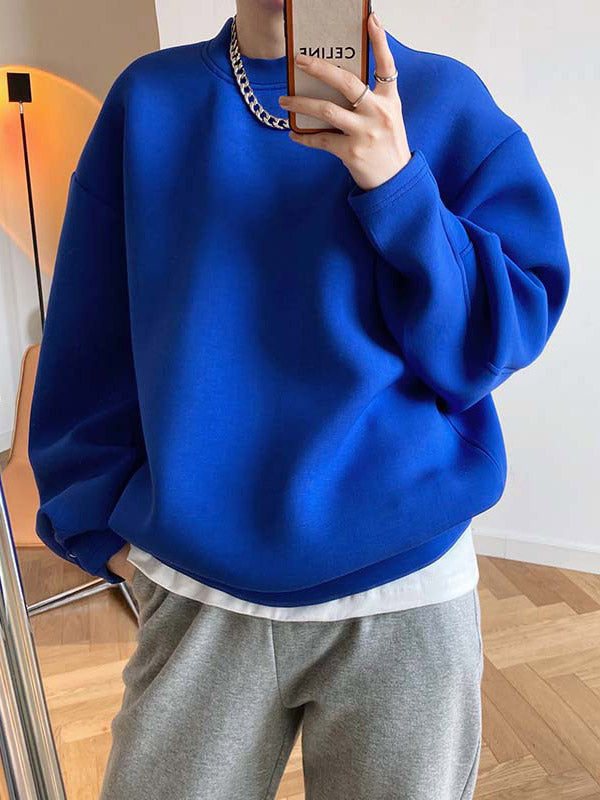 Solid Color Long Sleeves Loose Round-Neck Sweatshirt Tops