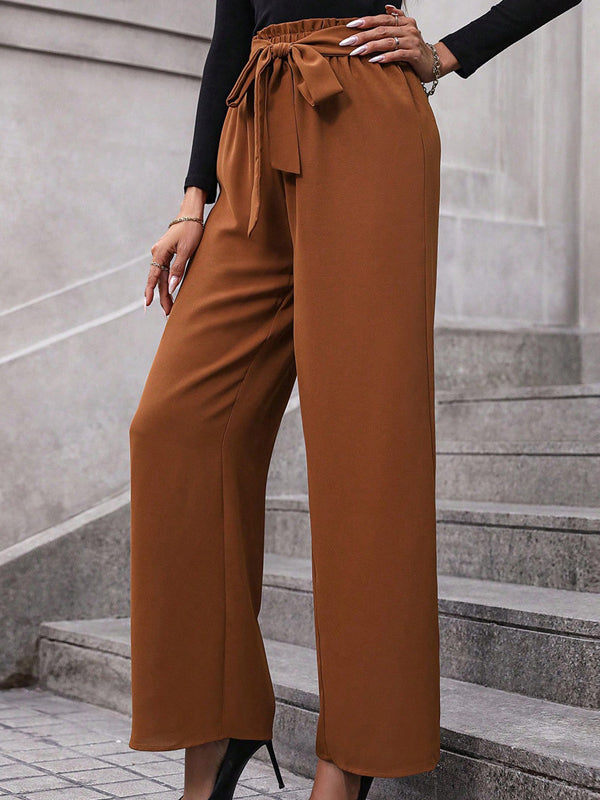 Elasticity Solid Color Tied Waist High Waisted Loose Trousers Pants