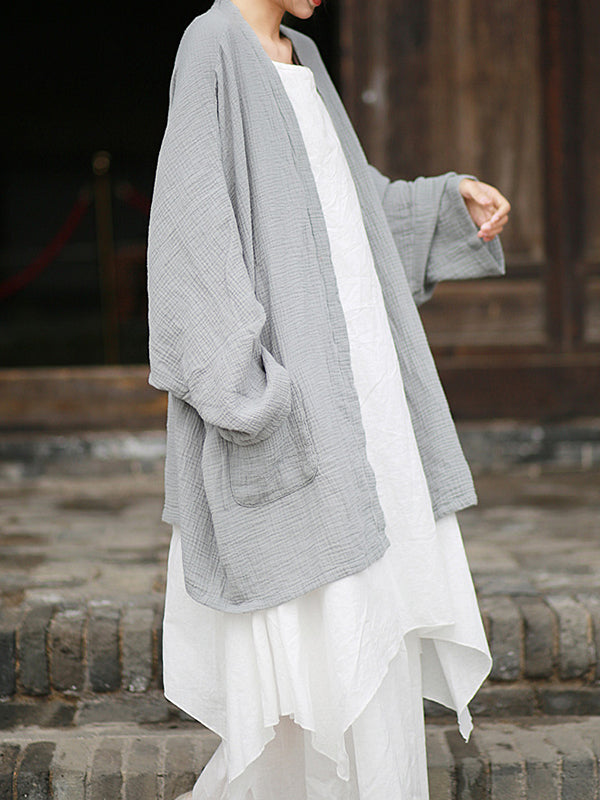 Pleated Solid Color Split-Joint Batwing Sleeves Loose Cover-Ups Tops