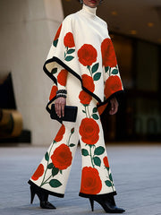 Long Sleeves Loose Flower Print High Neck 1 Piece Cape