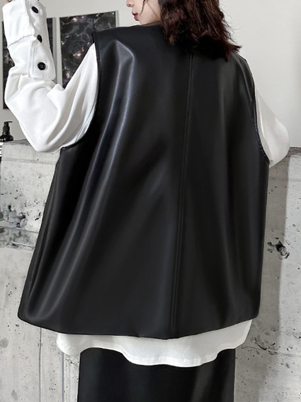 Buttoned Pockets Solid Color Loose Sleeveless V-neck Vest Outerwear