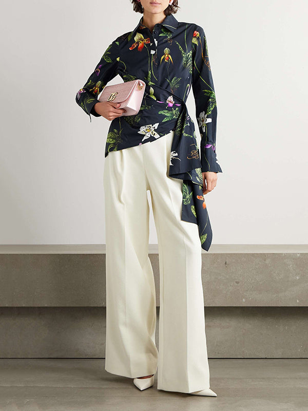 Asymmetric Flower Print Split-Joint Long Sleeves Loose Lapel Blouses&shirts Tops