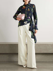 Asymmetric Flower Print Split-Joint Long Sleeves Loose Lapel Blouses&shirts Tops