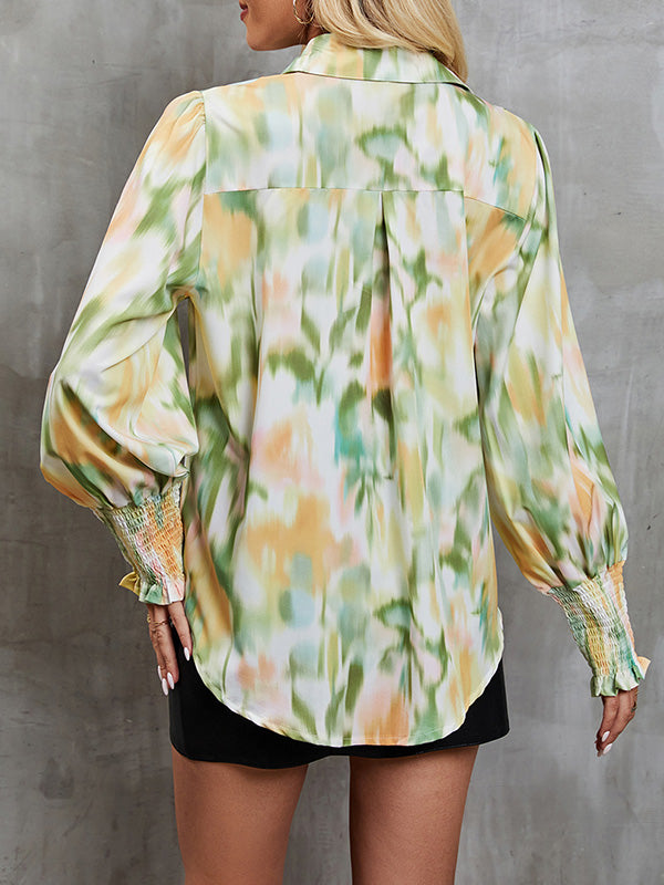 Casual Graffiti Printed Buttoned Puff Sleeves Long Sleeves Lapel Collar Blouses