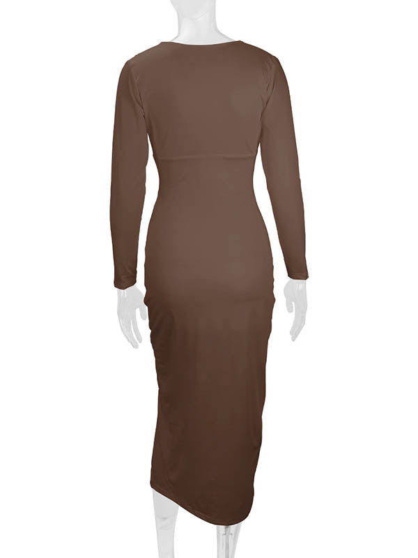 Pleated Solid Color Split-Joint Split-Side Bodycon Elasticated Waist Deep V-Neck Midi Dresses