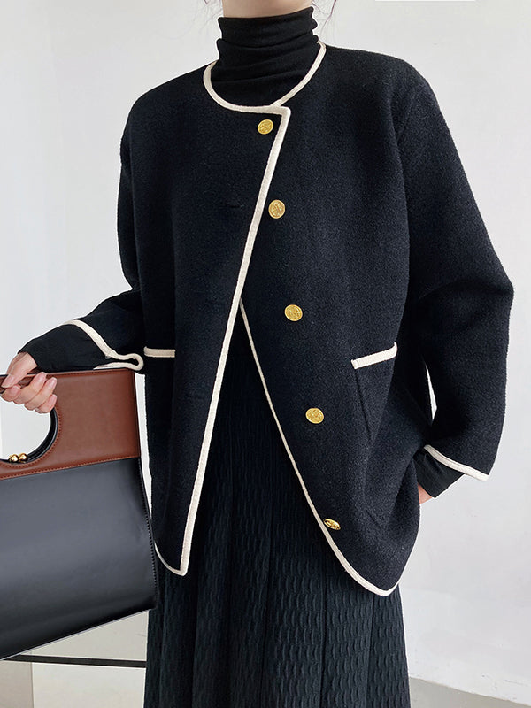 Asymmetric Buttoned Pockets Split-Joint Long Sleeves Loose Round-Neck Woolen Coat
