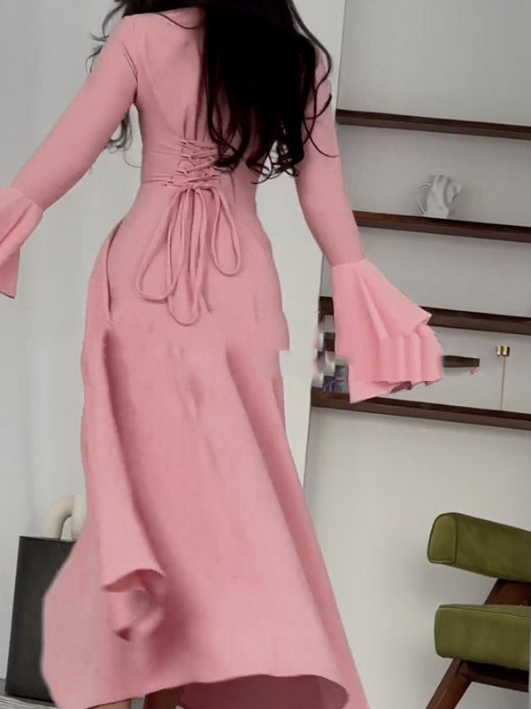 Pleated Solid Color A-Line Flared Sleeves Round-Neck Midi Dresses