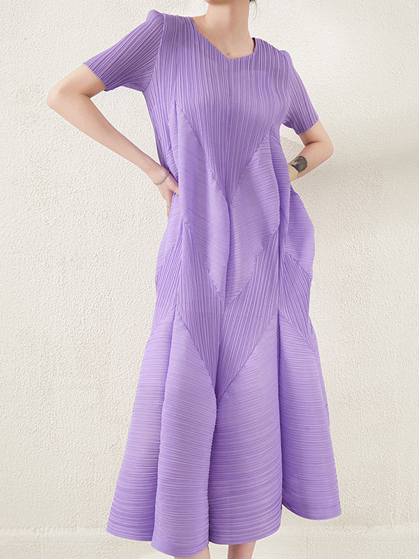 Pleated Solid Color High Waisted Loose Round-Neck Midi Dresses
