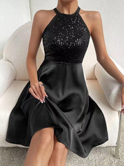 Sequined Solid Color Split-Joint Zipper Sleeveless Round-neck Mini Dresses