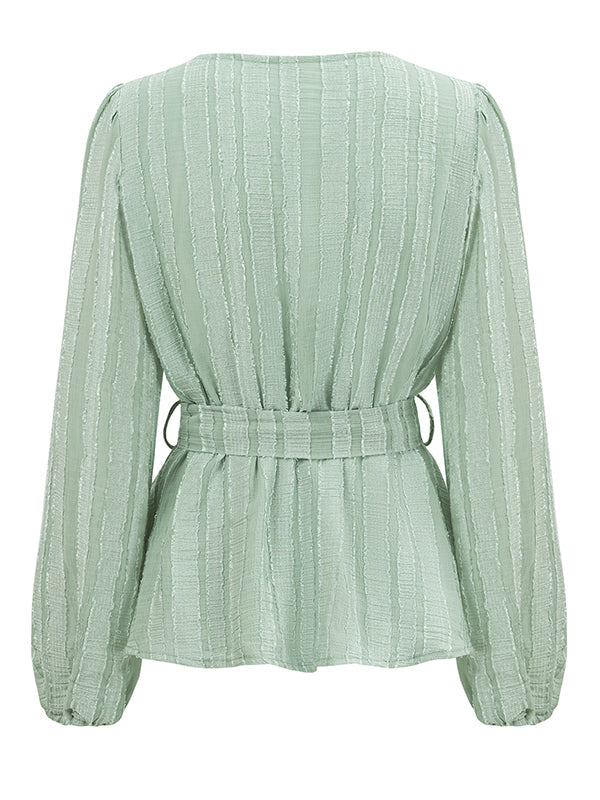 Elasticity Solid Color Tied Waist Long Sleeves Loose V-Neck T-Shirts Tops