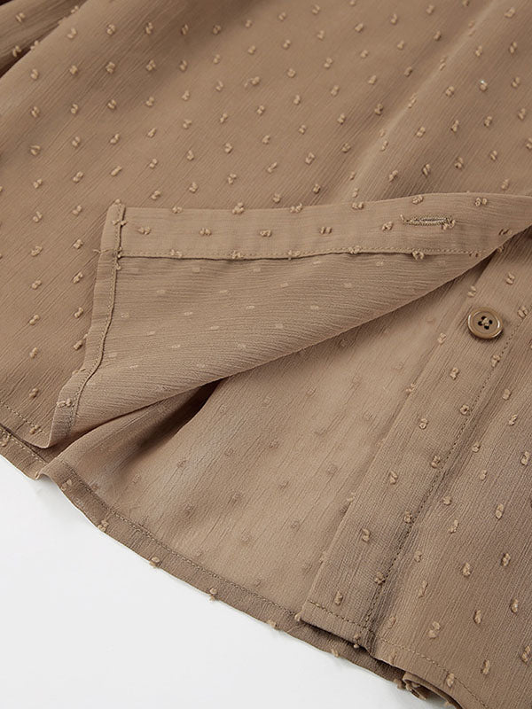 Jacquard Pleated Solid Color Split-Joint Flared Sleeves Loose Stand Collar Blouses