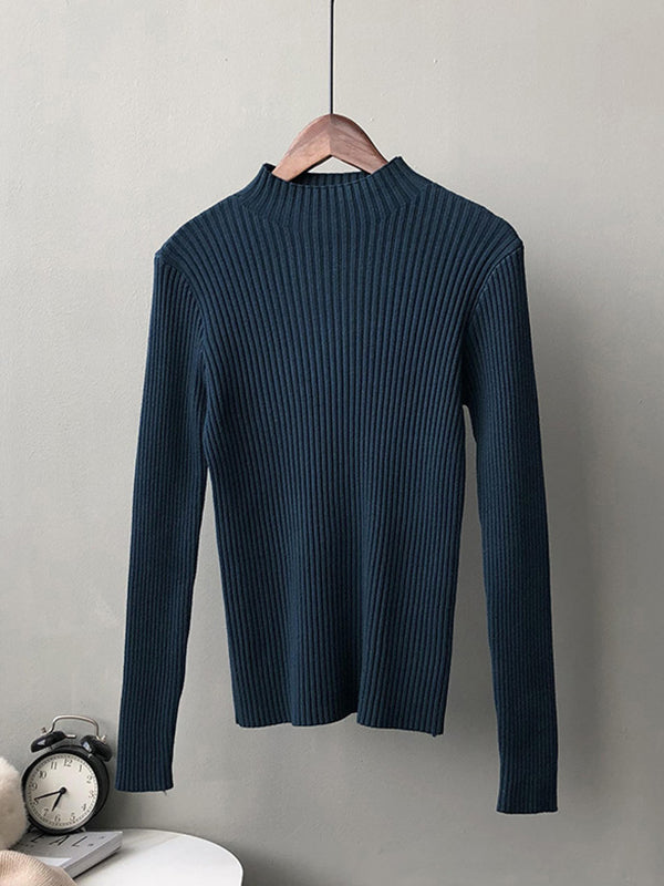 Simple Long Sleeves Skinny Leg Solid Color High-Neck Sweater Tops