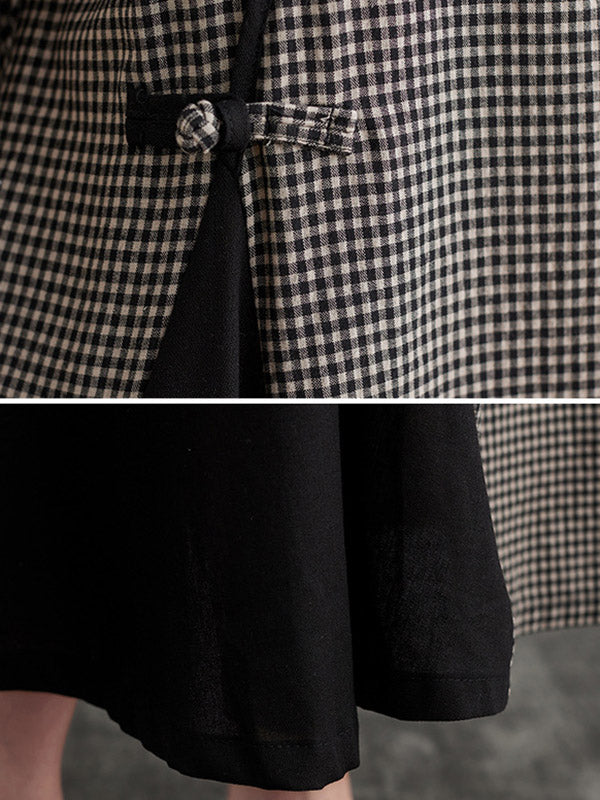 Retro Plaid Short Sleeve Stand Collar Long Cheongsams Dress