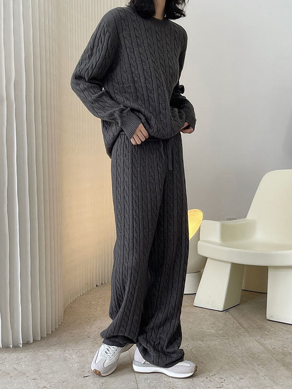 Casual Loose Long Sleeves Jacquard Solid Color Round-Neck Sweater Tops