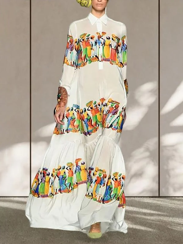 Long Sleeves Loose Printed Lapel Maxi Dresses