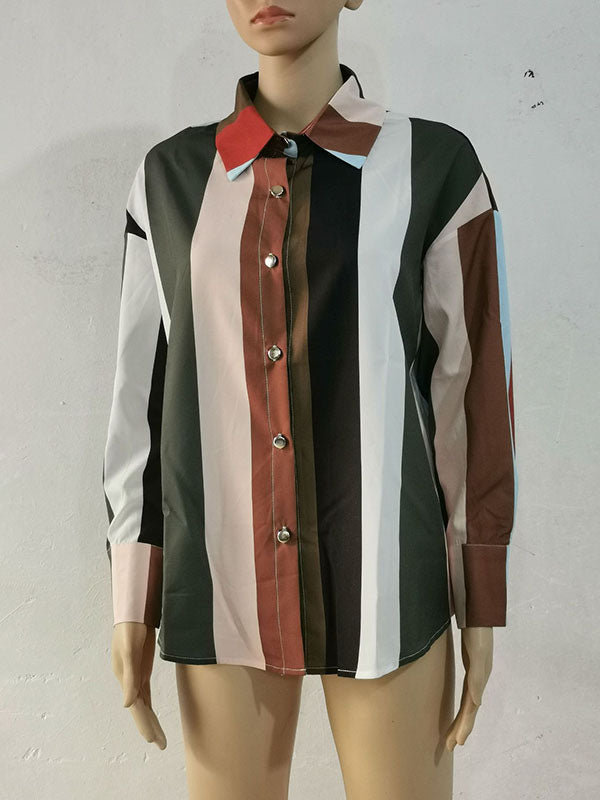 Contrast Color Printed Long Sleeves Loose Lapel Blouses