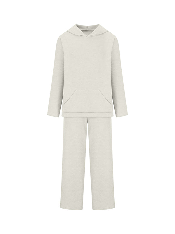 Solid Color Loose Round-Neck Hooded Long Sleeves Sweater Top + Drawstring Pants Bottom Two Pieces Set