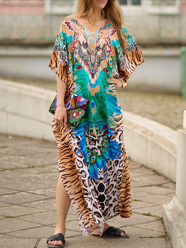 Leopard Split-side Tiger Skin Pattern Batwing Sleeves Loose V-neck Maxi Dresses Beach Cover-Up