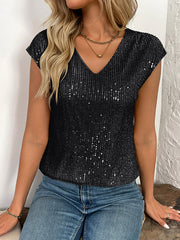 Sequined Shiny Batwing Sleeves Loose V-Neck T-Shirts Tops