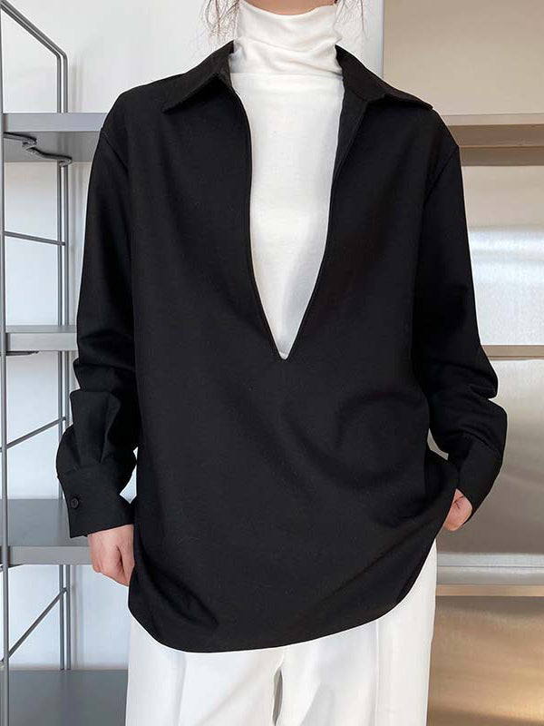 Solid Color Long Sleeves Loose Lapel Blouses